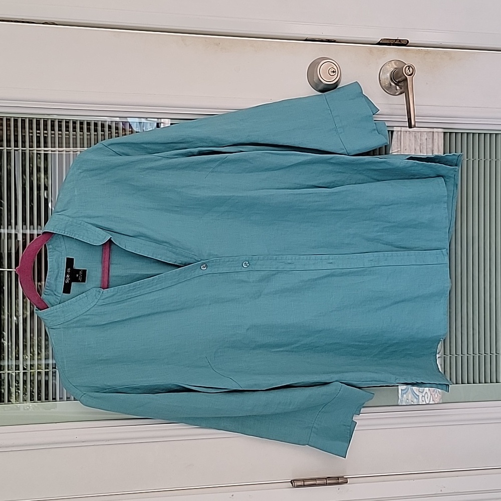 Style & Co 100 Linen 3/4 Sleeve Button-down Shirt Sz 14